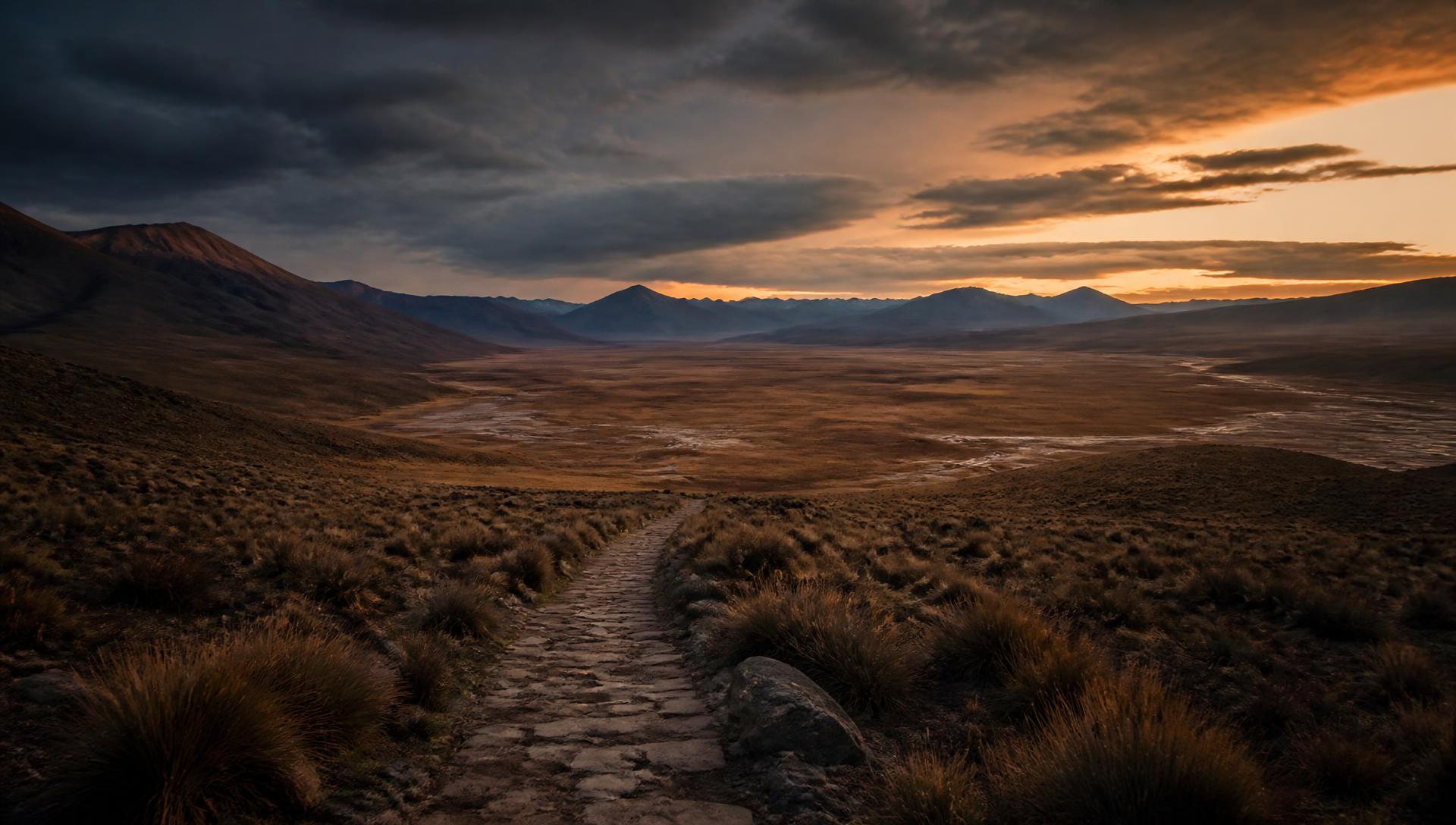 Stone path across the Andean altiplano at dusk